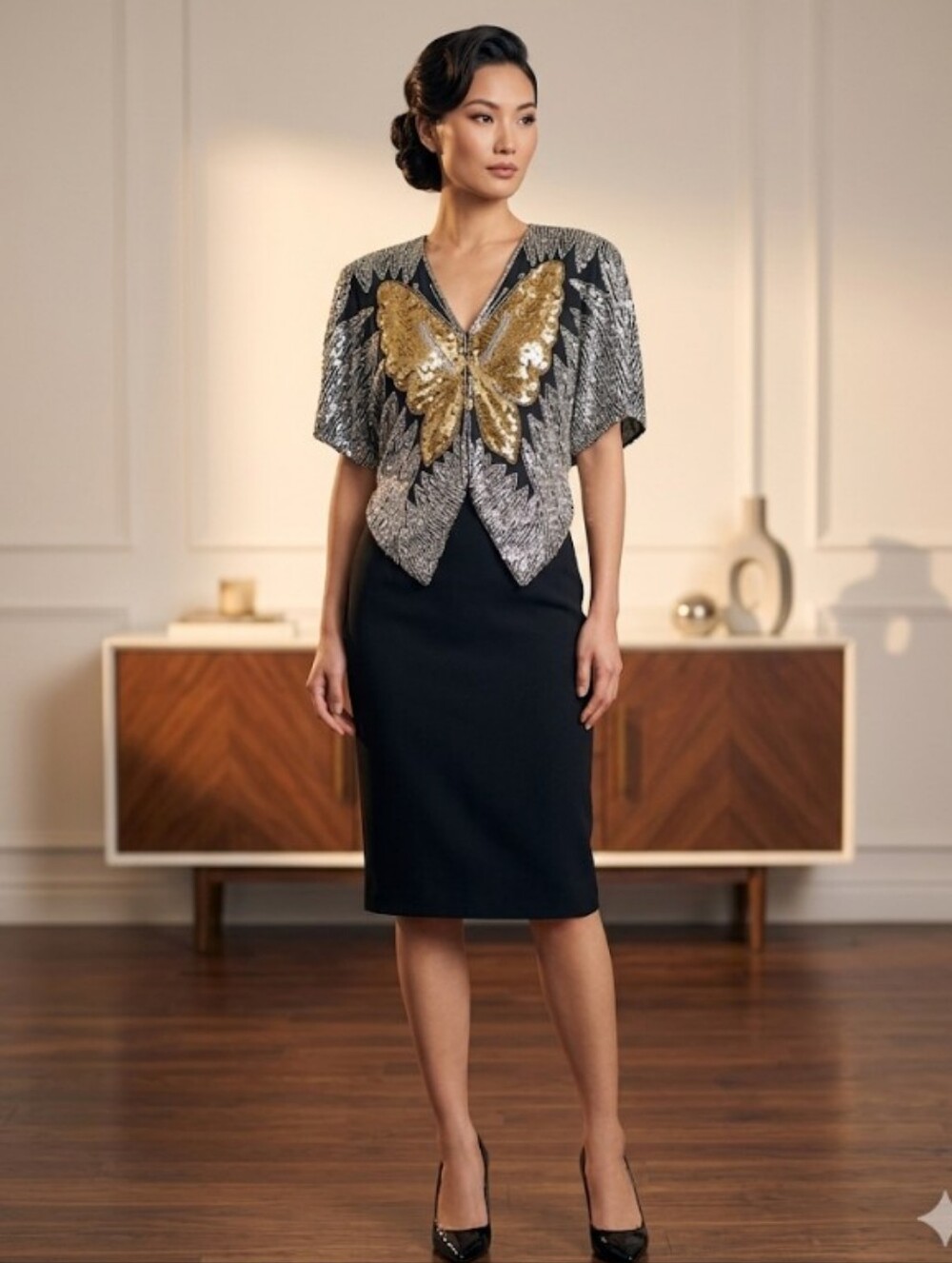 Vintage 100% Silk Sequin Butterfly Top One Size Beaded Statement Piece